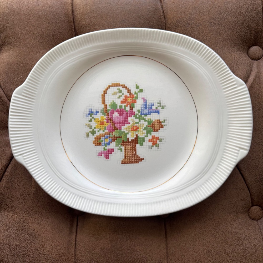 Vintage Salem China Co Basket P.P. Oval Serving Platter Cross Stitch Floral